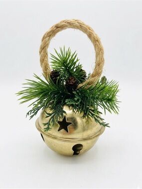 Vintage Festive Gold Jingle Bell Ornament with Green Pine Accents